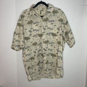 Kahala Shirt Mens Tan Large Short Sleeve Button Up All Over Print Palm Hawaiian